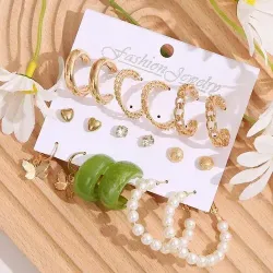 9 Pair Green Pearl Butterfly  Hoop & Stud Earring Set 